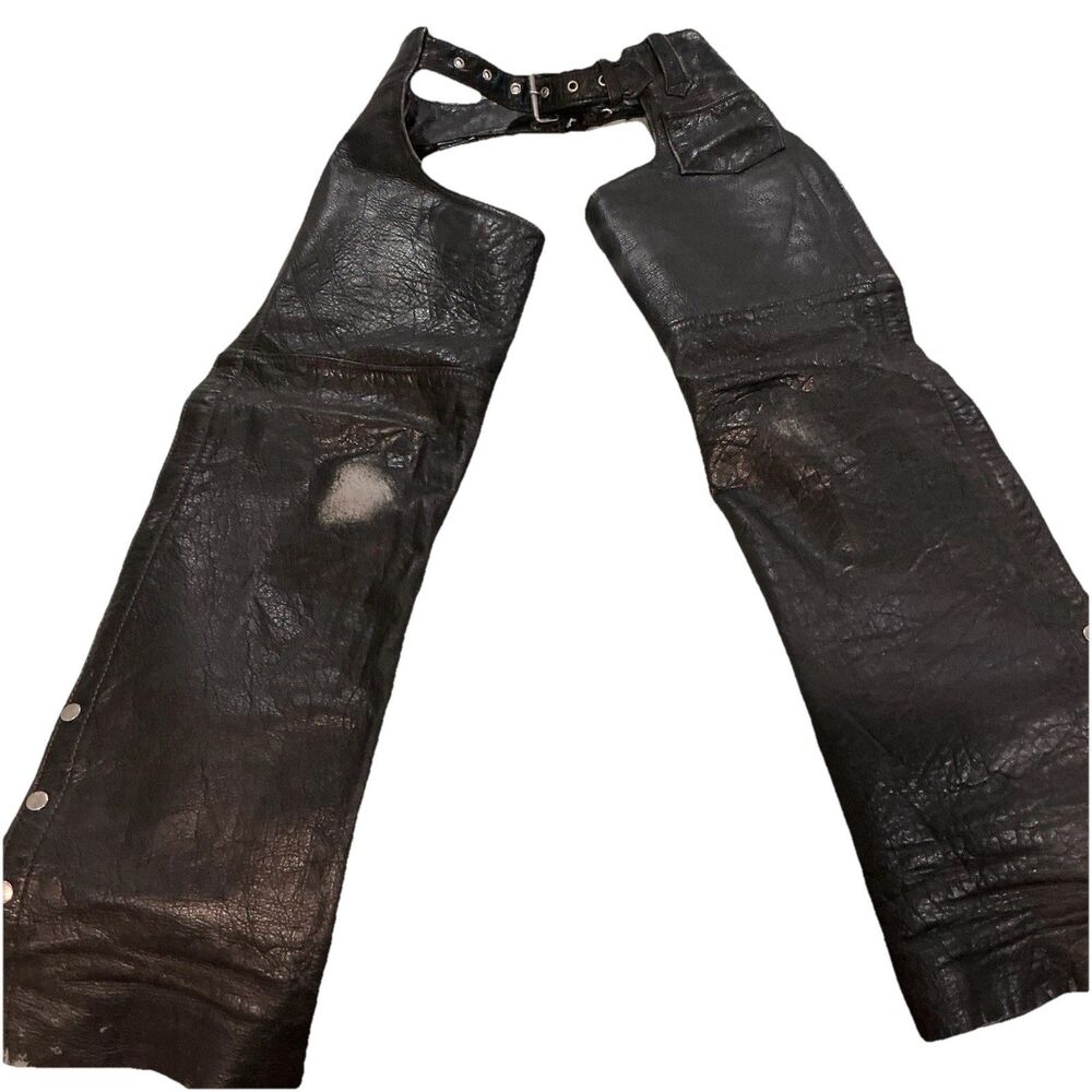 RGC Genuine Leather Motorcycle Chaps Black Snap Zip Biker Pants XXXS 30” Length